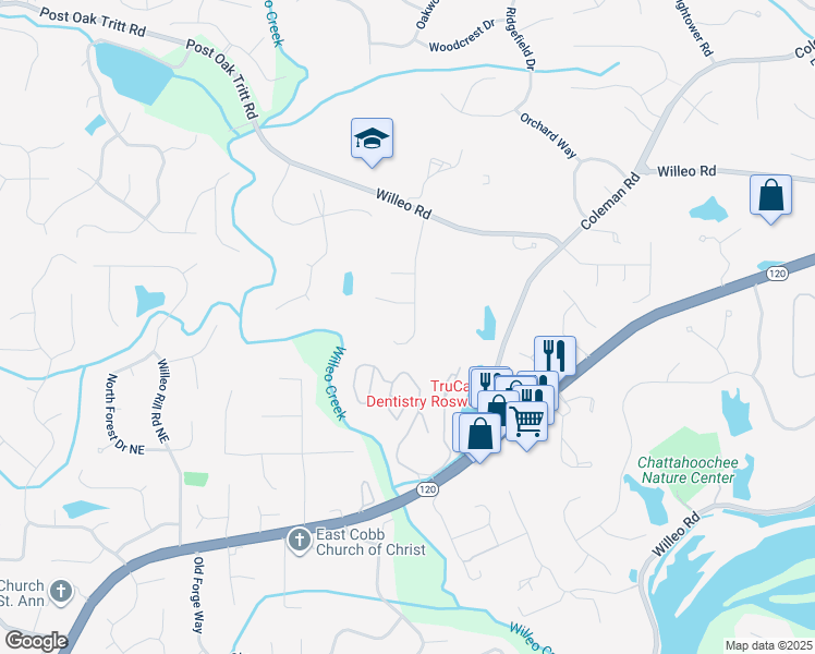map of restaurants, bars, coffee shops, grocery stores, and more near 1150 Mosspointe Drive in Roswell