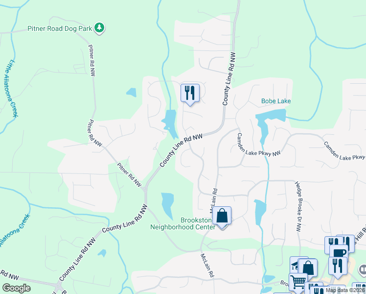 map of restaurants, bars, coffee shops, grocery stores, and more near 2147 Hollowbrooke Way Northwest in Acworth