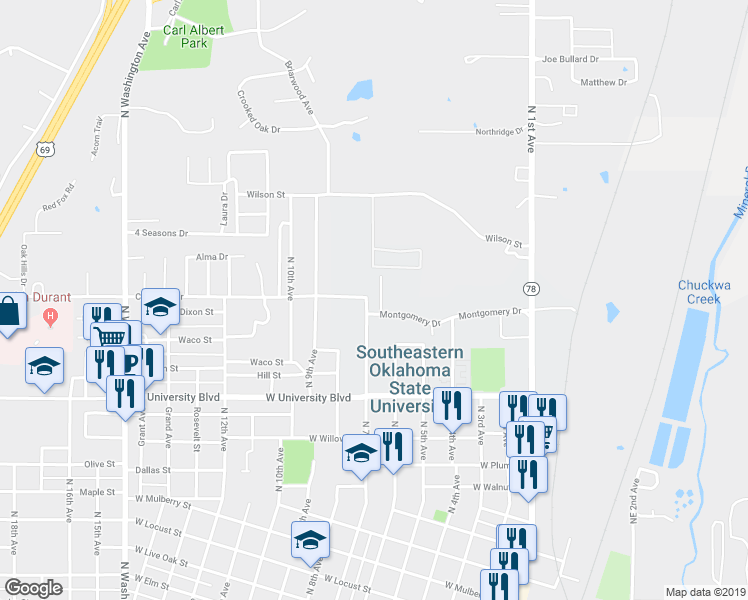 map of restaurants, bars, coffee shops, grocery stores, and more near 1603 North 6th Avenue in Durant
