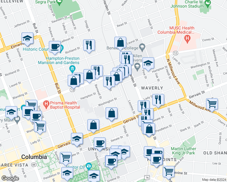 map of restaurants, bars, coffee shops, grocery stores, and more near 1422 Gregg Street in Columbia