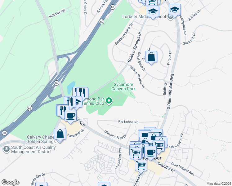 map of restaurants, bars, coffee shops, grocery stores, and more near 22844 Hilton Head Drive in Diamond Bar