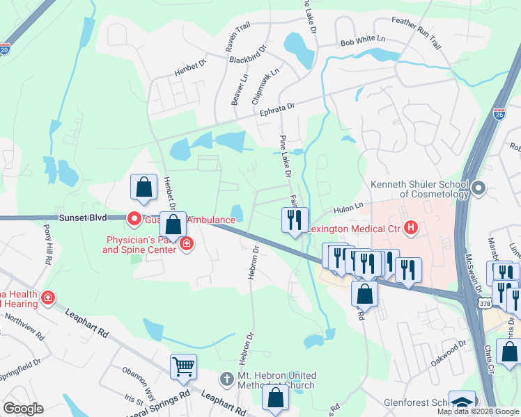 map of restaurants, bars, coffee shops, grocery stores, and more near 3086 Rosiland Drive in West Columbia