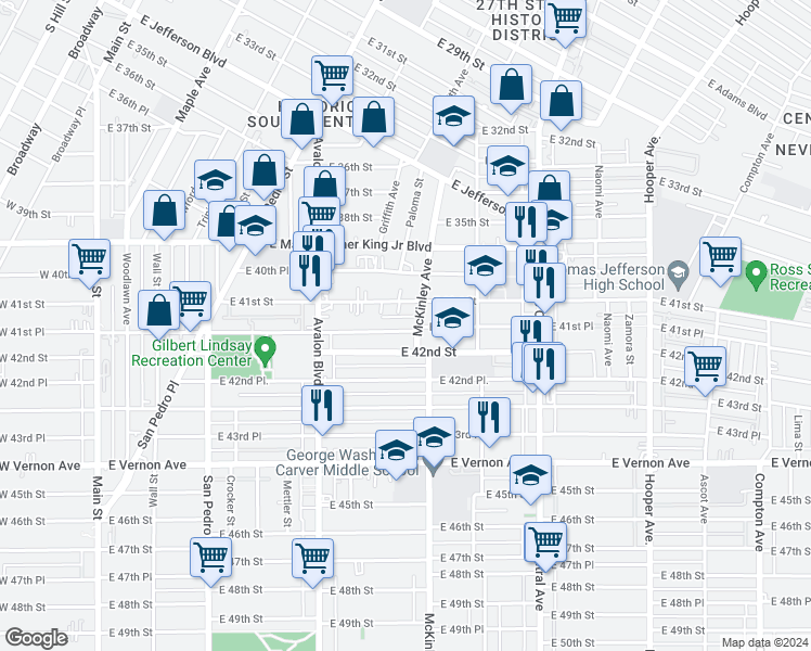map of restaurants, bars, coffee shops, grocery stores, and more near 789 East 41st Place in Los Angeles