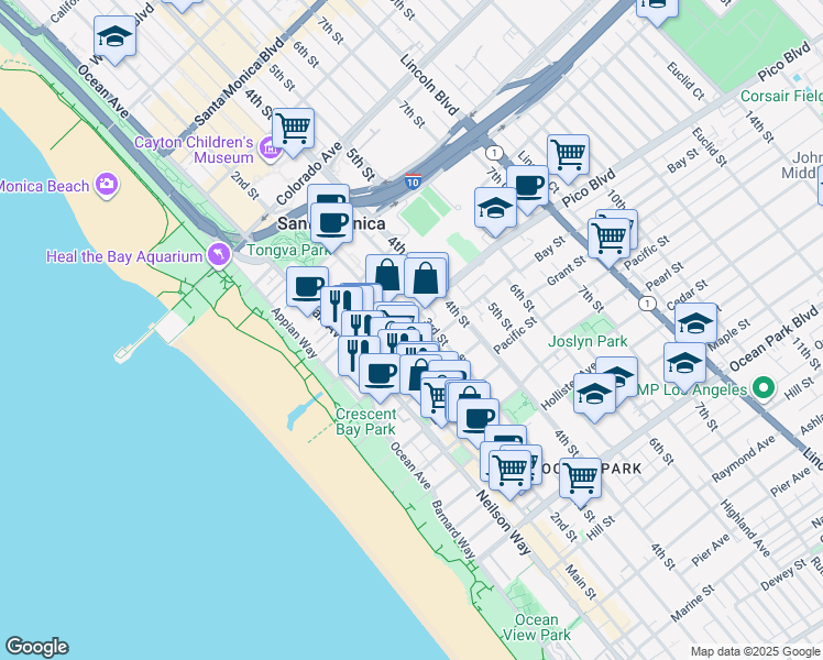 map of restaurants, bars, coffee shops, grocery stores, and more near 239 Bay Street in Santa Monica