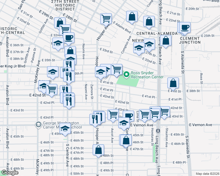 map of restaurants, bars, coffee shops, grocery stores, and more near 1353 East 41st Place in Los Angeles