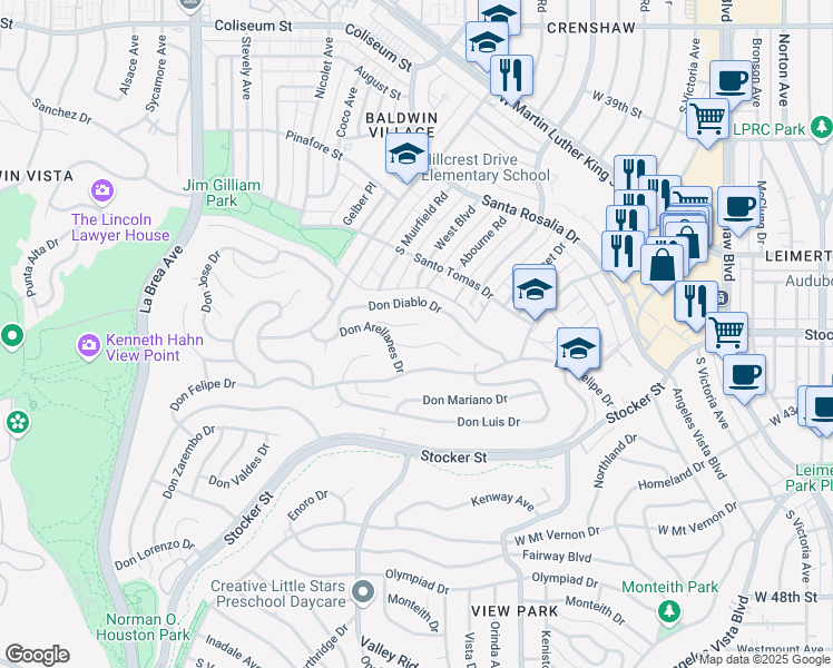map of restaurants, bars, coffee shops, grocery stores, and more near 4212 Don Alanis Place in Los Angeles