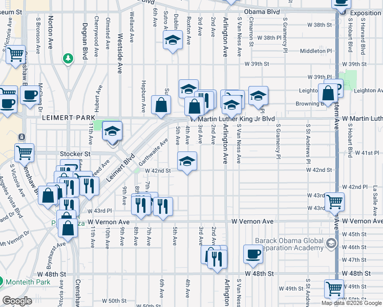 map of restaurants, bars, coffee shops, grocery stores, and more near 4166 4th Avenue in Los Angeles