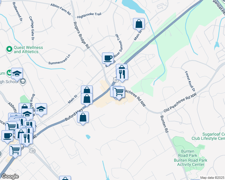 map of restaurants, bars, coffee shops, grocery stores, and more near 2700 Buford Highway in Duluth