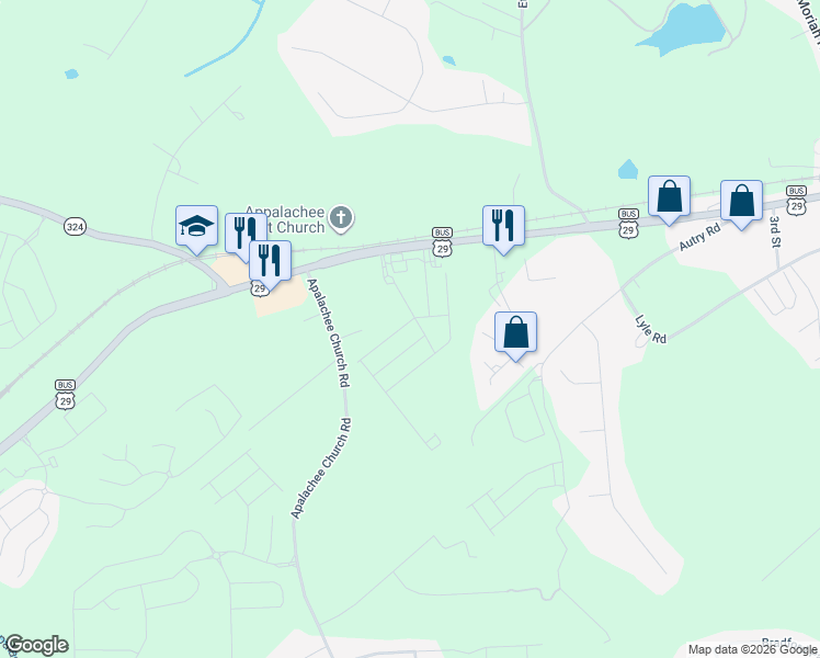 map of restaurants, bars, coffee shops, grocery stores, and more near 40 Appalachee Church Road in Auburn