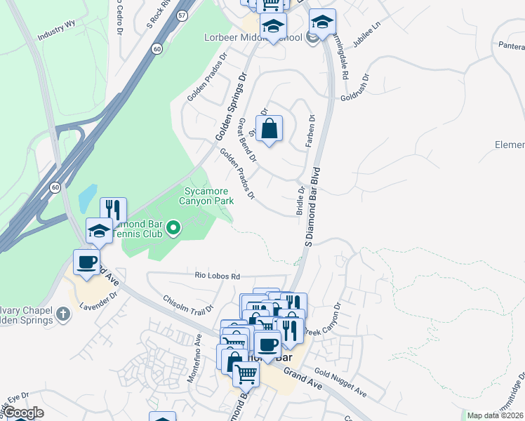 map of restaurants, bars, coffee shops, grocery stores, and more near 877 Golden Prados Drive in Diamond Bar