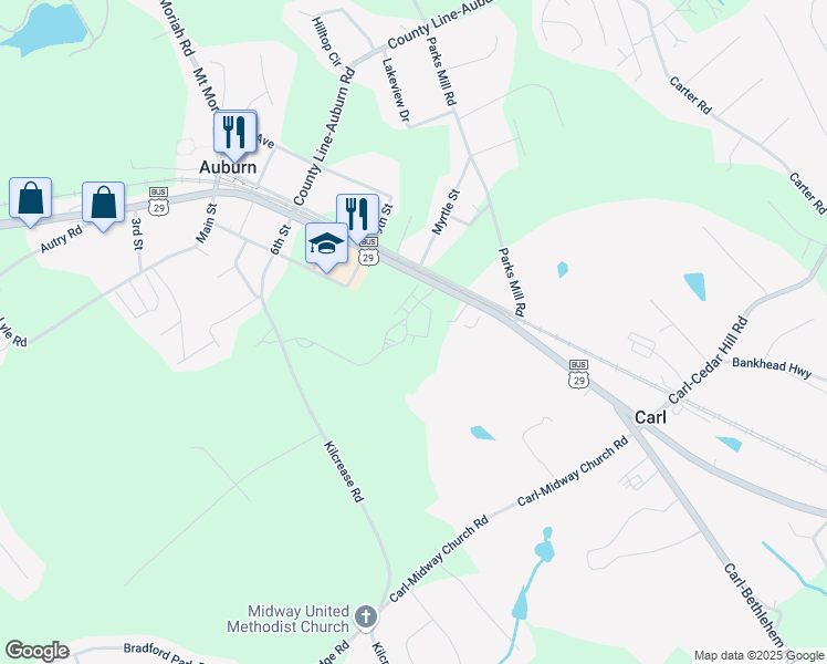 map of restaurants, bars, coffee shops, grocery stores, and more near 129 Arnold Poplar Lane in Auburn