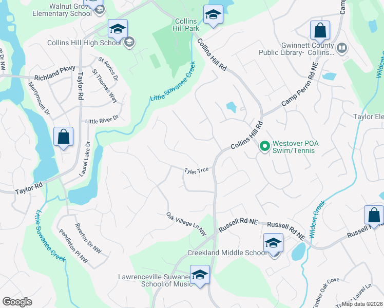 map of restaurants, bars, coffee shops, grocery stores, and more near 1891 Stone Forest Drive in Lawrenceville