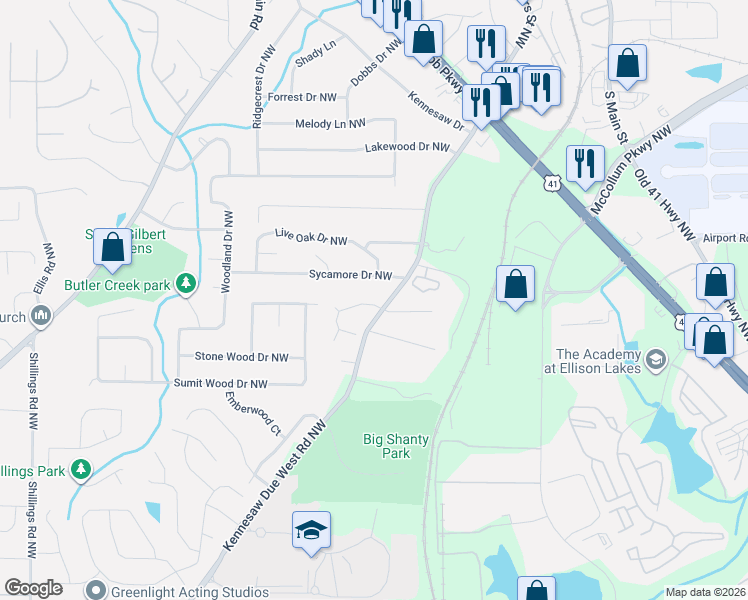 map of restaurants, bars, coffee shops, grocery stores, and more near 2310 Kennesaw Oaks Trail Northwest in Kennesaw
