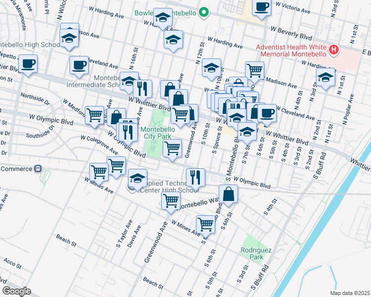 map of restaurants, bars, coffee shops, grocery stores, and more near 219 South Greenwood Avenue in Montebello