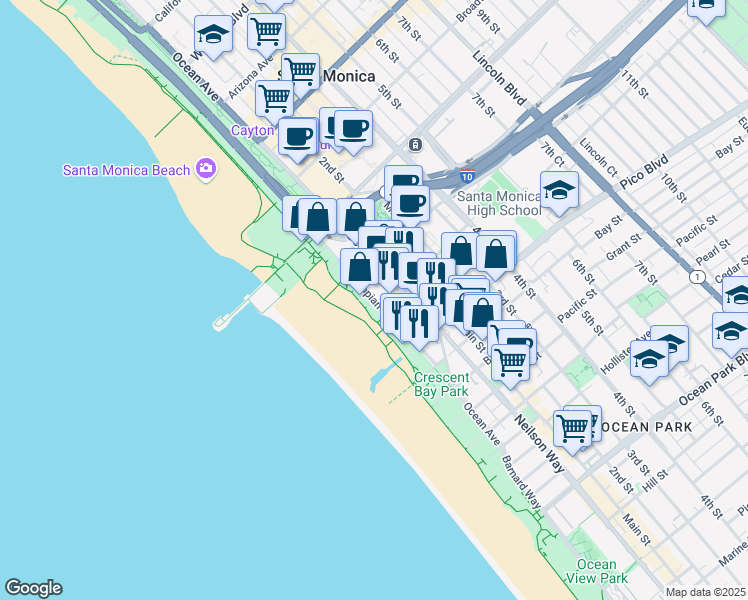 map of restaurants, bars, coffee shops, grocery stores, and more near 1723 Appian Way in Santa Monica