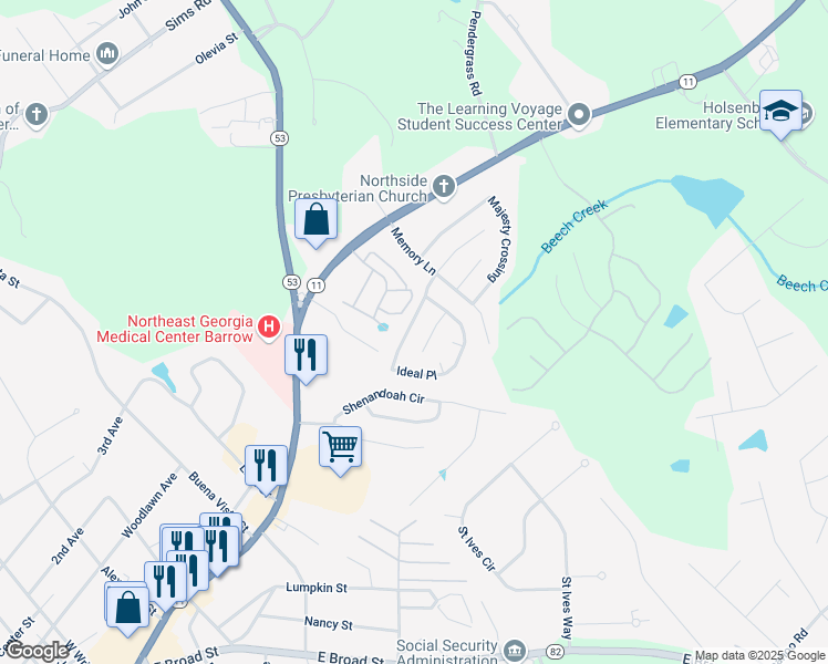 map of restaurants, bars, coffee shops, grocery stores, and more near 710 Quality Lane in Winder