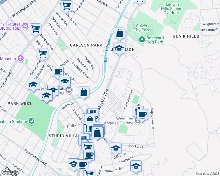map of restaurants, bars, coffee shops, grocery stores, and more near 7211 Raintree Circle in Culver City