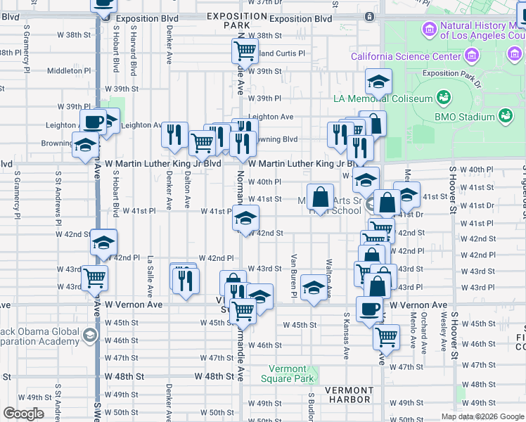 map of restaurants, bars, coffee shops, grocery stores, and more near West 41st Place in Los Angeles