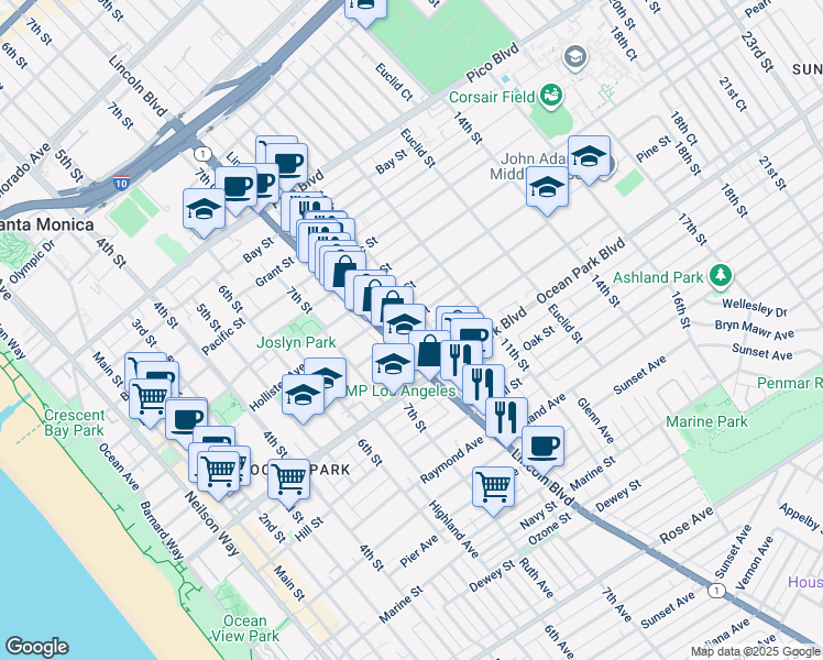 map of restaurants, bars, coffee shops, grocery stores, and more near 822 Pine Street in Santa Monica