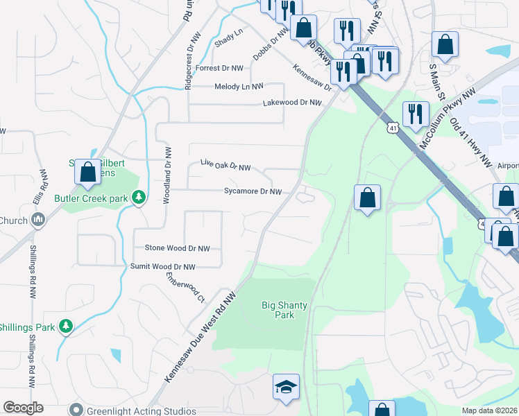 map of restaurants, bars, coffee shops, grocery stores, and more near 2327 Kennesaw Oaks Trail Northwest in Kennesaw