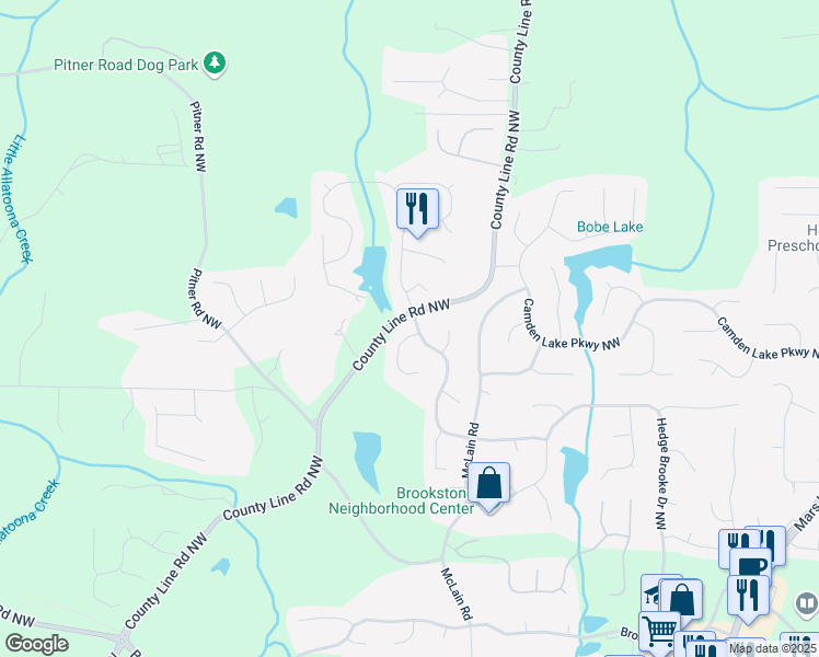 map of restaurants, bars, coffee shops, grocery stores, and more near 5669 Hollowbrooke Lane Northwest in Acworth