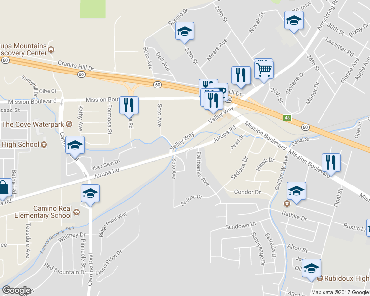 map of restaurants, bars, coffee shops, grocery stores, and more near 7035 Jurupa Road in Riverside