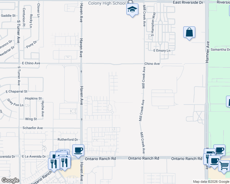 map of restaurants, bars, coffee shops, grocery stores, and more near 3679 South Eichler Paseo in Ontario