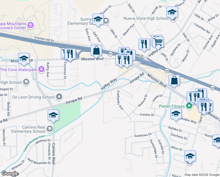 map of restaurants, bars, coffee shops, grocery stores, and more near 7035 Jurupa Road in Riverside