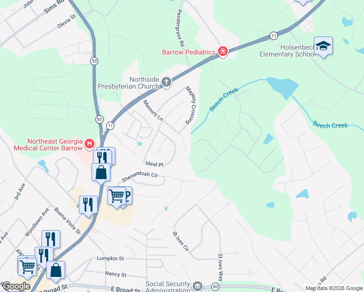 map of restaurants, bars, coffee shops, grocery stores, and more near 867 Ideal Place in Winder
