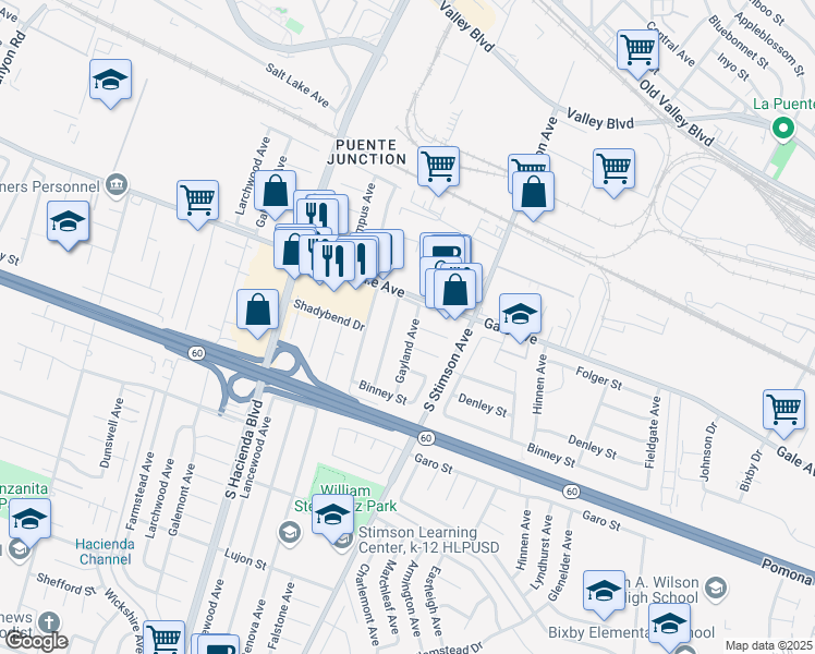 map of restaurants, bars, coffee shops, grocery stores, and more near 1127 Gayland Avenue in Hacienda Heights