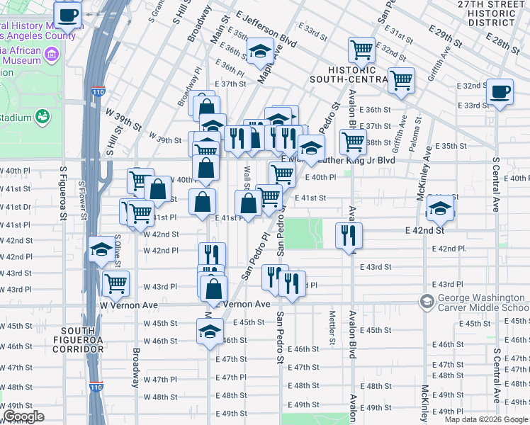 map of restaurants, bars, coffee shops, grocery stores, and more near 230 East 41st Place in Los Angeles