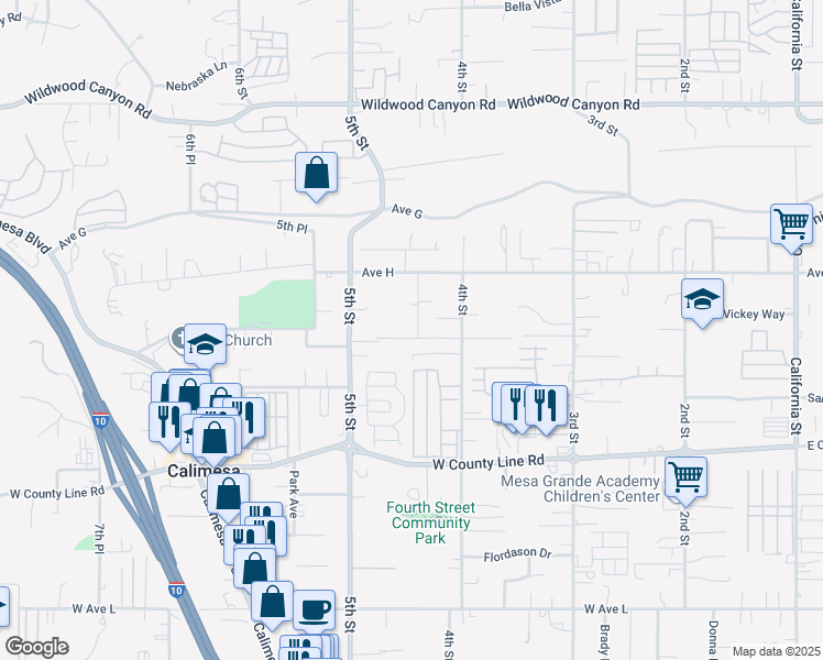 map of restaurants, bars, coffee shops, grocery stores, and more near 13438 Limestone Drive in Yucaipa