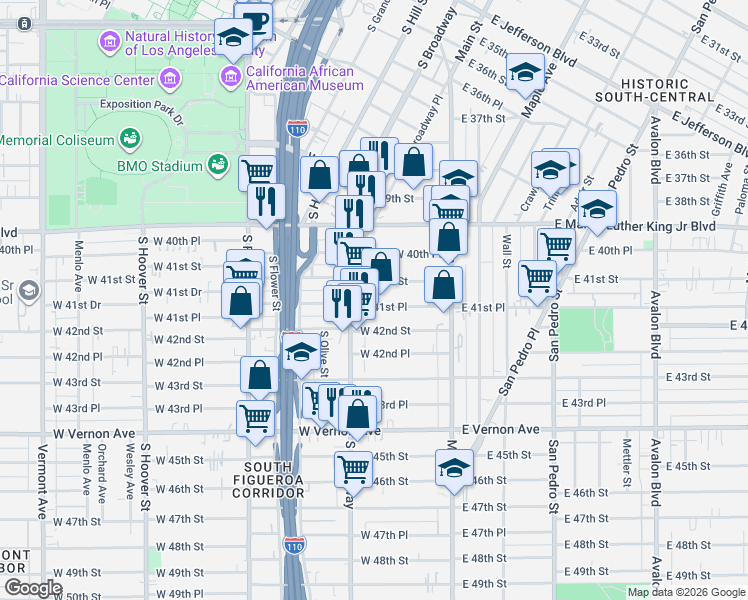 map of restaurants, bars, coffee shops, grocery stores, and more near 251 West 41st Place in Los Angeles