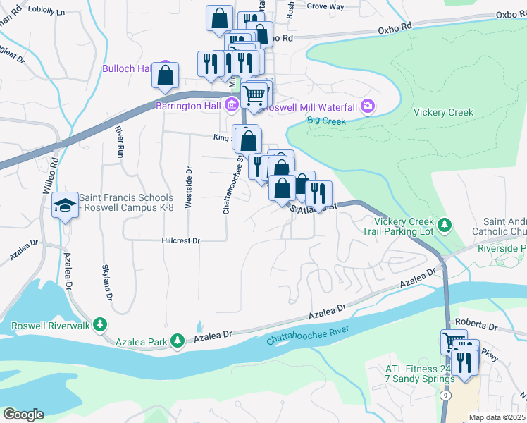 map of restaurants, bars, coffee shops, grocery stores, and more near 1555 Heritage Trail in Roswell