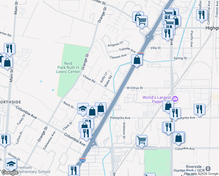 map of restaurants, bars, coffee shops, grocery stores, and more near 3248 Chase Road in Riverside