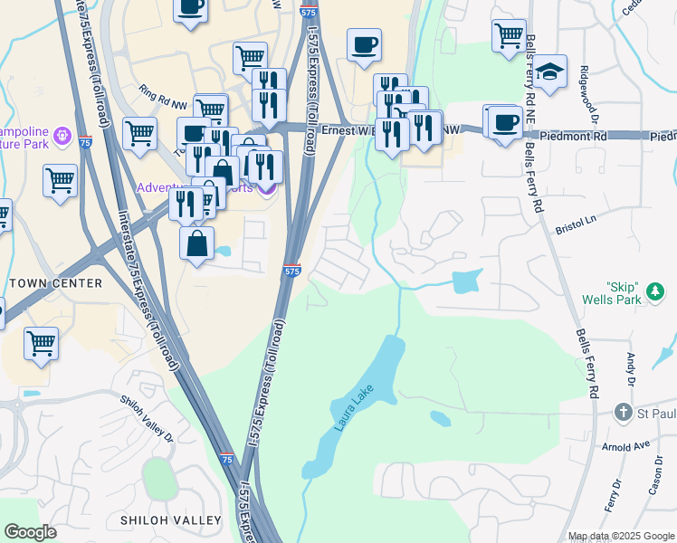 map of restaurants, bars, coffee shops, grocery stores, and more near 25 Jekyll Drive in Marietta