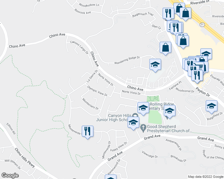 map of restaurants, bars, coffee shops, grocery stores, and more near 13470 Mallorca Lane in Chino Hills