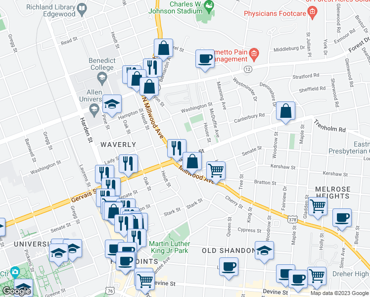 map of restaurants, bars, coffee shops, grocery stores, and more near 2439 Gervais Street in Columbia