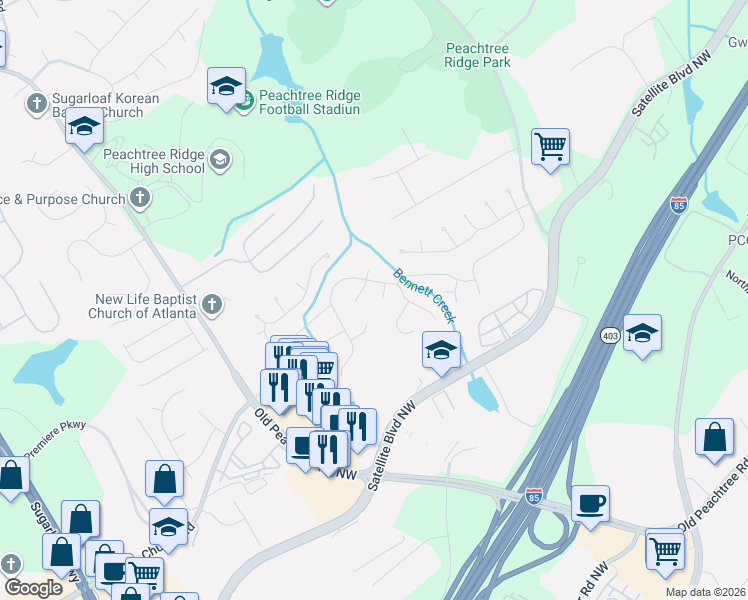 map of restaurants, bars, coffee shops, grocery stores, and more near 1814 Kristen Court in Suwanee