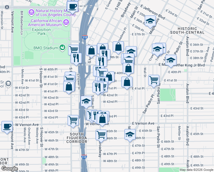 map of restaurants, bars, coffee shops, grocery stores, and more near 4152 South Broadway in Los Angeles
