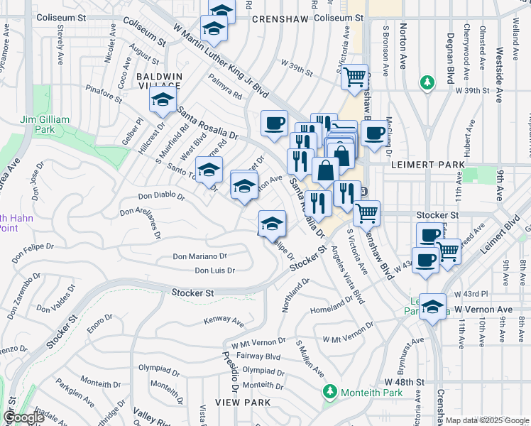 map of restaurants, bars, coffee shops, grocery stores, and more near 3737 Don Felipe Drive in Los Angeles