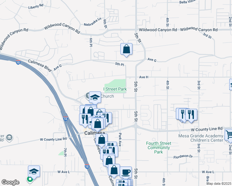 map of restaurants, bars, coffee shops, grocery stores, and more near 34195 Ave I in Yucaipa