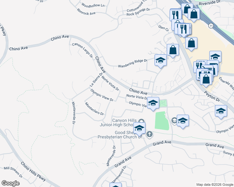 map of restaurants, bars, coffee shops, grocery stores, and more near 13470 Mallorca Lane in Chino Hills