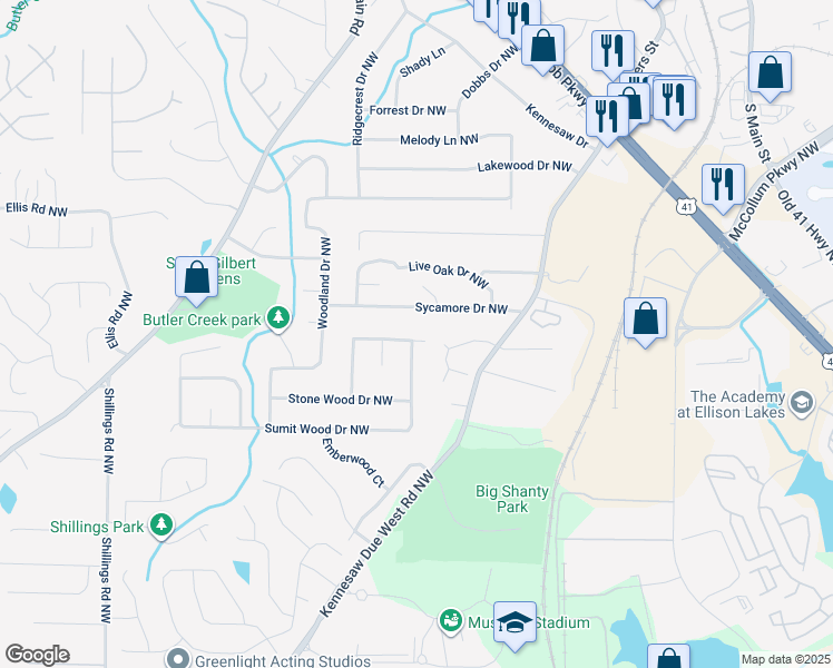 map of restaurants, bars, coffee shops, grocery stores, and more near 9070 Sumit Wood Drive Northwest in Kennesaw