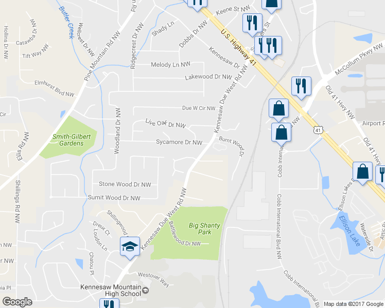 map of restaurants, bars, coffee shops, grocery stores, and more near 2314 Kennesaw Oaks Trail Northwest in Kennesaw