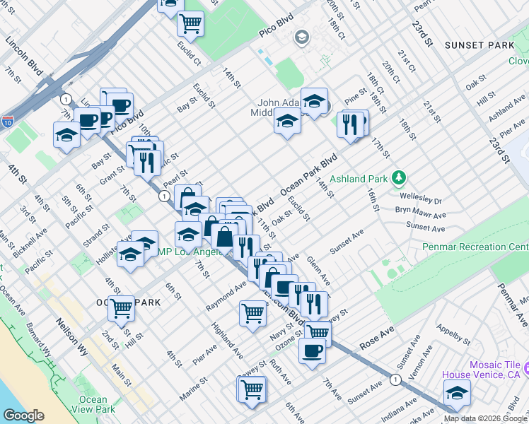 map of restaurants, bars, coffee shops, grocery stores, and more near 1112 Ocean Park Boulevard in Santa Monica