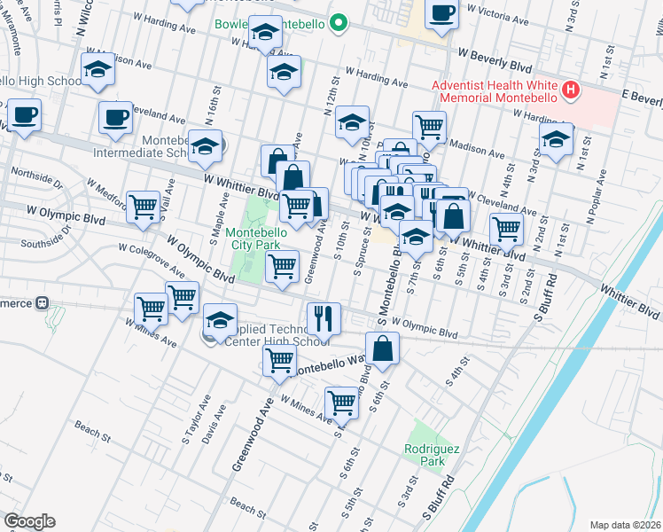 map of restaurants, bars, coffee shops, grocery stores, and more near 216 South 10th Street in Montebello