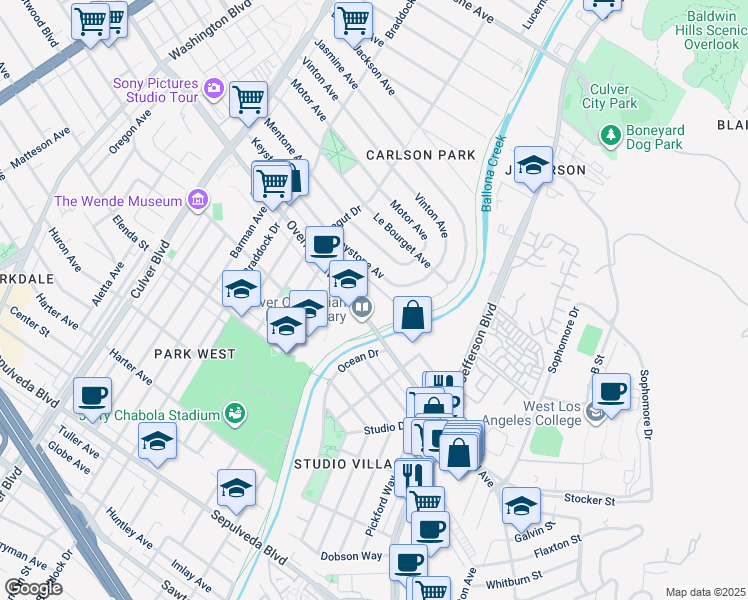 map of restaurants, bars, coffee shops, grocery stores, and more near 4900 Overland Avenue in Culver City