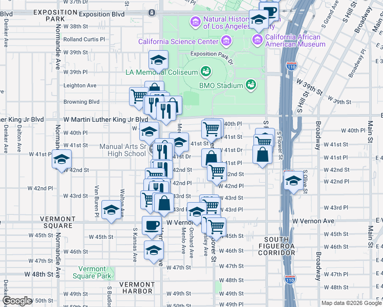map of restaurants, bars, coffee shops, grocery stores, and more near 851 West 41st Drive in Los Angeles