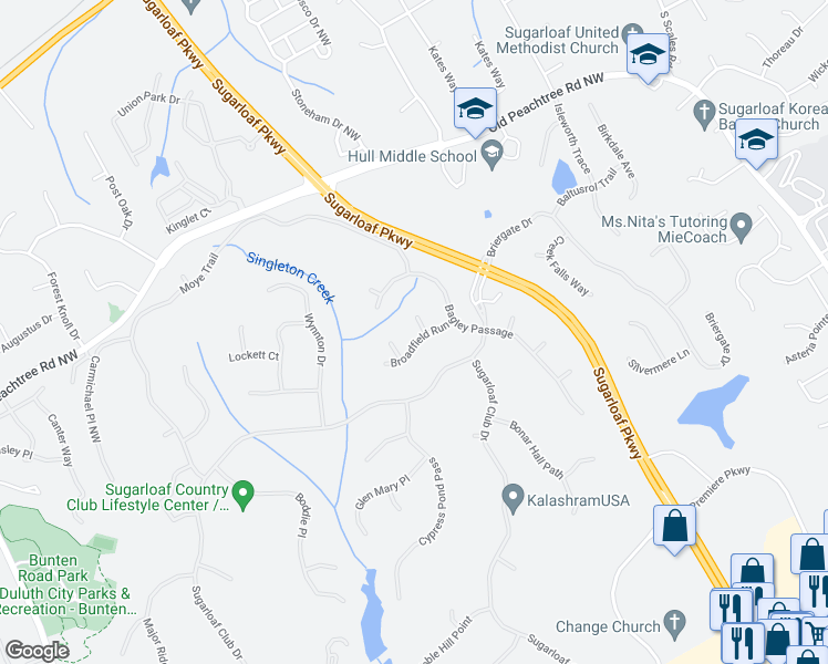 map of restaurants, bars, coffee shops, grocery stores, and more near 3258 Bransley Way in Duluth